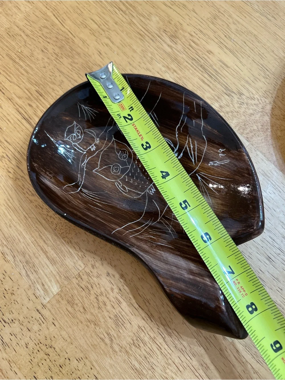 Hand-Carved Brown Fish-Shaped Wooden Tray with Owl Etching